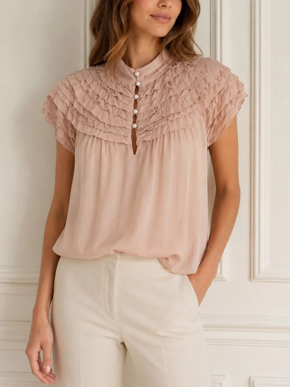 Diane von Furstenberg Silk Ruffle Blouse Pink Button Top Size M